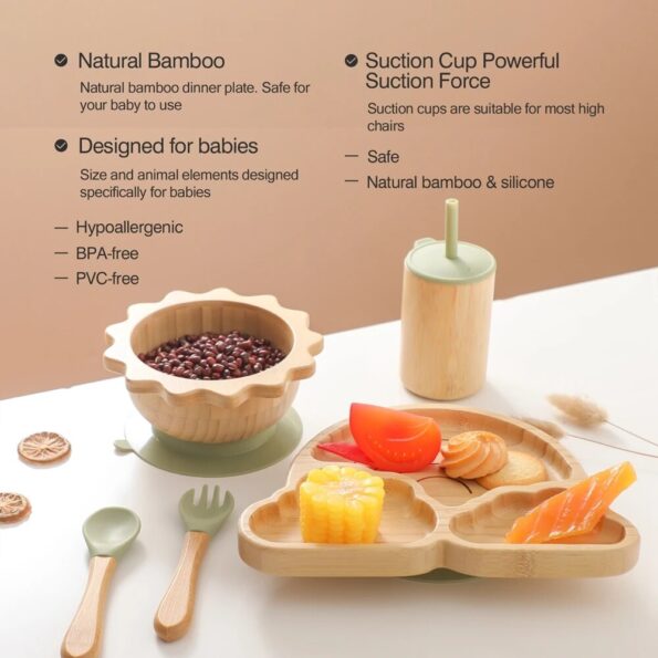 Baby-Bamboo-Dinnerware-With-Silicone-Suction-Cups-Kid-Feeding-Tableware-Set-Bowl-Plate-Fork-Spoon-Cup-2