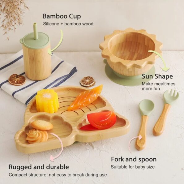 Baby-Bamboo-Dinnerware-With-Silicone-Suction-Cups-Kid-Feeding-Tableware-Set-Bowl-Plate-Fork-Spoon-Cup-3