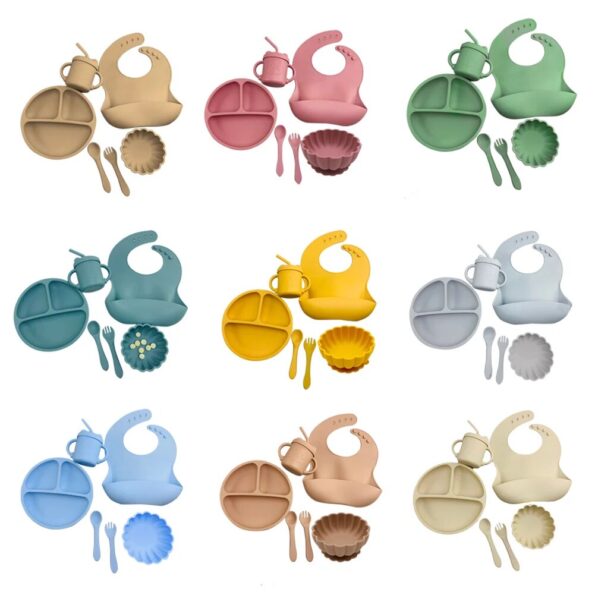 Baby-Soft-Silicone-Tableware-Set-Baby-Feeding-Dishes-Plate-Sucker-Bowl-Bibs-Spoon-Fork-Set-Children-1