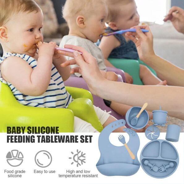Baby-Soft-Silicone-Tableware-Set-Baby-Feeding-Dishes-Plate-Sucker-Bowl-Bibs-Spoon-Fork-Set-Children-3