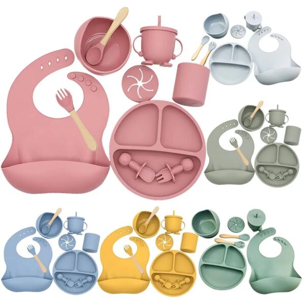 Baby-Soft-Silicone-Tableware-Set-Baby-Feeding-Dishes-Plate-Sucker-Bowl-Bibs-Spoon-Fork-Set-Children