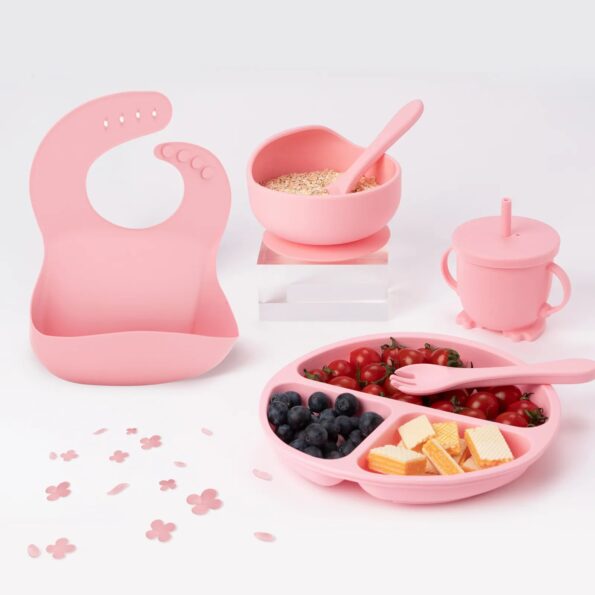 Children-s-Dishes-Set-Baby-Silicone-6-piece-Tableware-Set-Suction-Cups-Forks-Spoons-Bibs-Straws