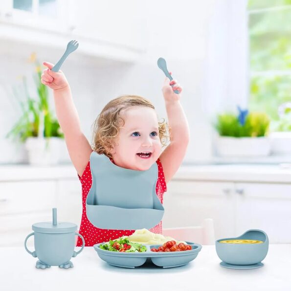 Children-s-Dishes-Set-Baby-Silicone-Tableware-6PCS-Set-Sucker-Bowl-Bib-Cup-Fork-Spoon-Set-4