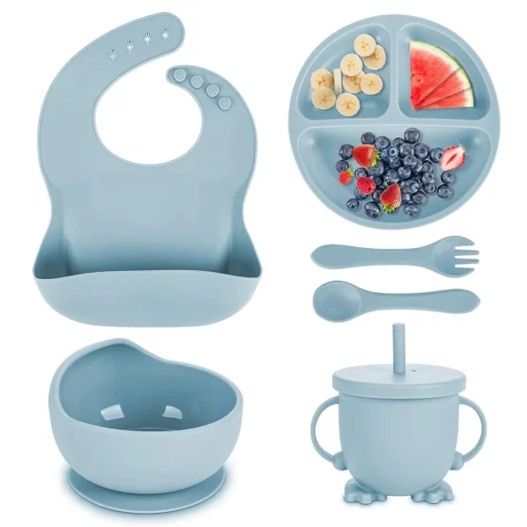 Children-s-Dishes-Set-Baby-Silicone-Tableware-6PCS-Set-Sucker-Bowl-Bib-Cup-Fork-Spoon-Set